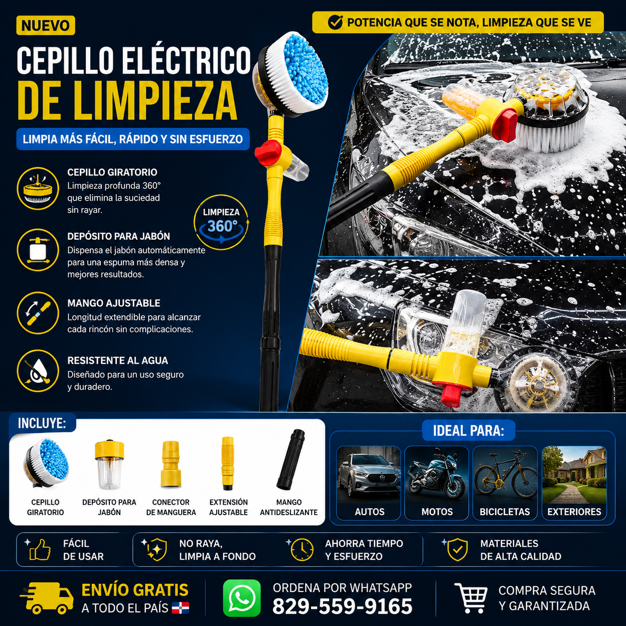 🧼💦 CEPILLO ELÉCTRICO DE LAVAR CARRO 360°