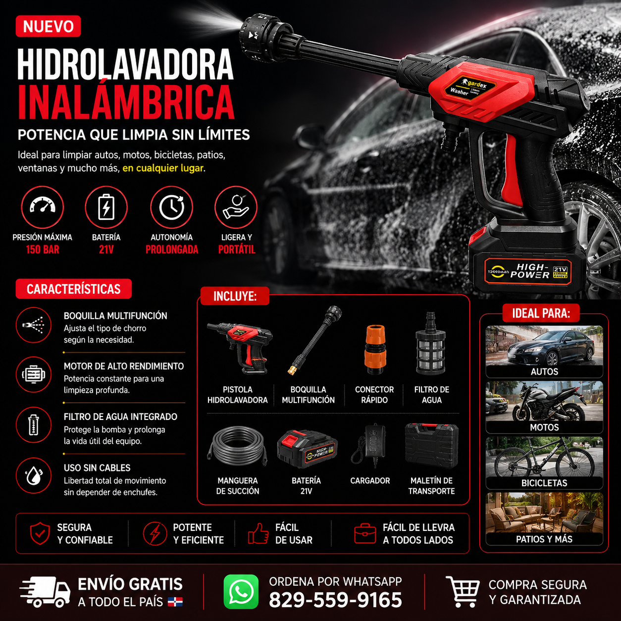💦 HIDROLAVADORA INALÁMBRICA 21V PARA CARROS