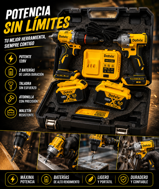 🔧⚡ KIT DE TALADRO Y ATORNILLADOR INALÁMBRICO DOTVIX 128V