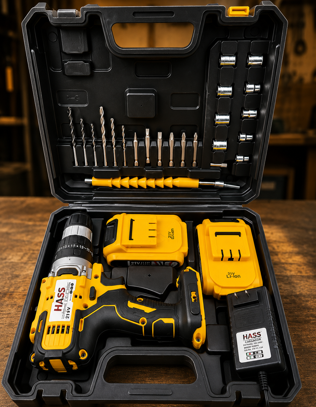 TALADRO INALÁMBRICO HASS 21V – KIT COMPLETO 26 PIEZAS