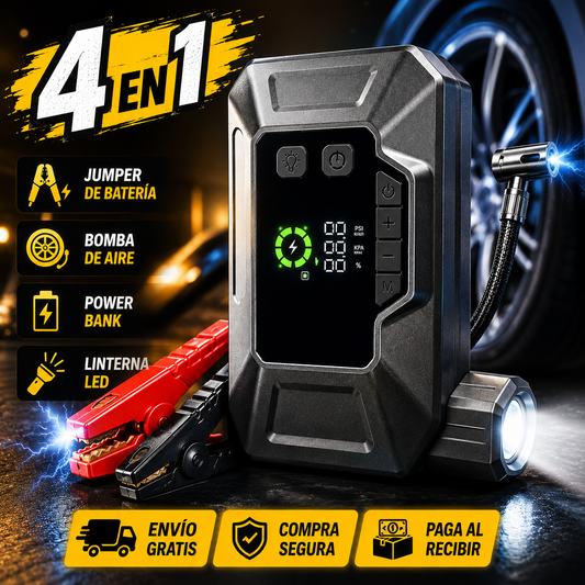 JUMPER DE BATERIA + BOMBA DE AIRE+ POWER BANK+ LINTERNA 4 EN 1