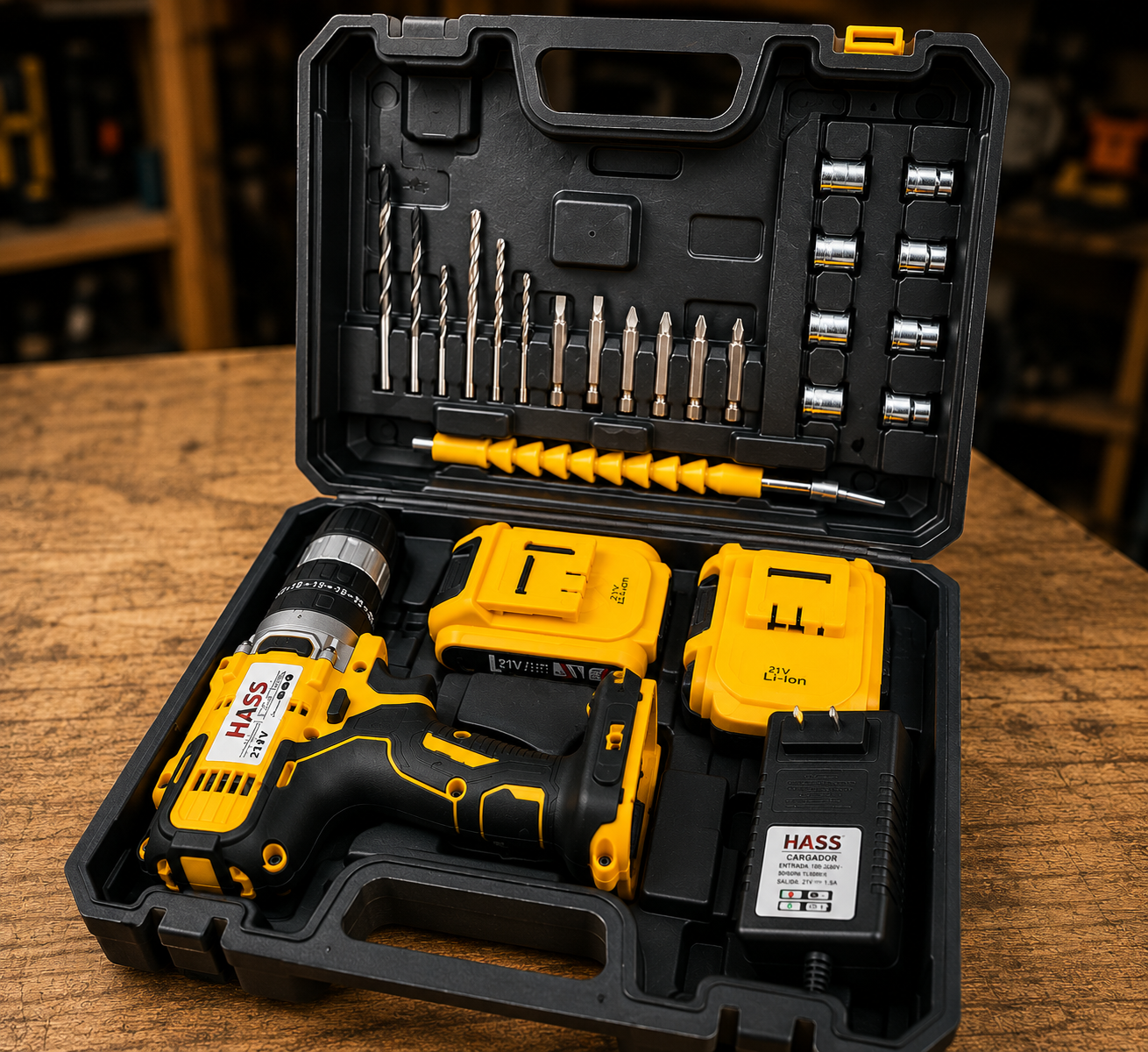TALADRO INALÁMBRICO HASS 21V – KIT COMPLETO 26 PIEZAS
