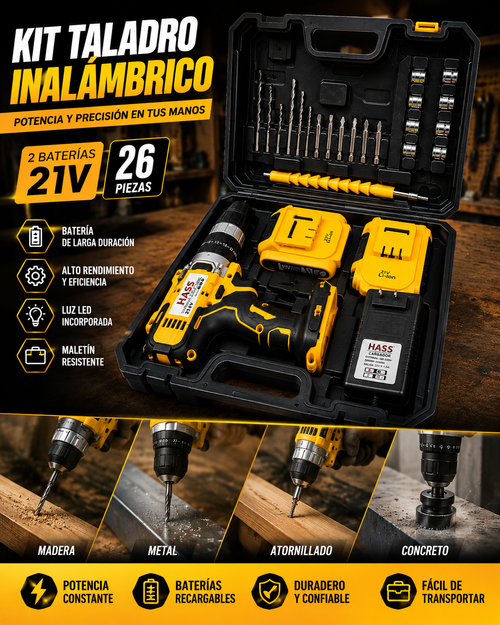 TALADRO INALÁMBRICO HASS 21V – KIT COMPLETO 26 PIEZAS
