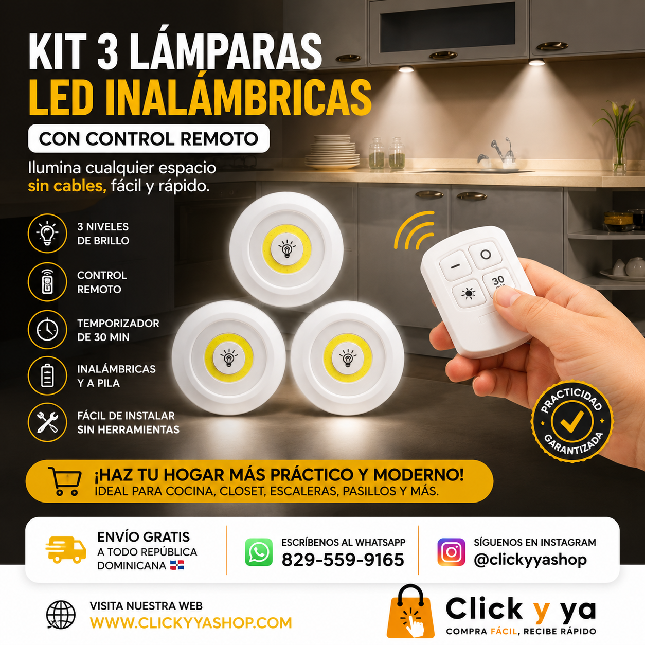 KIT 3 LÁMPARAS LED INALÁMBRICAS CON CONTROL REMOTO